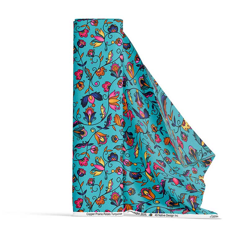 Copper Prairie Petals Turquoise Satin Fabric