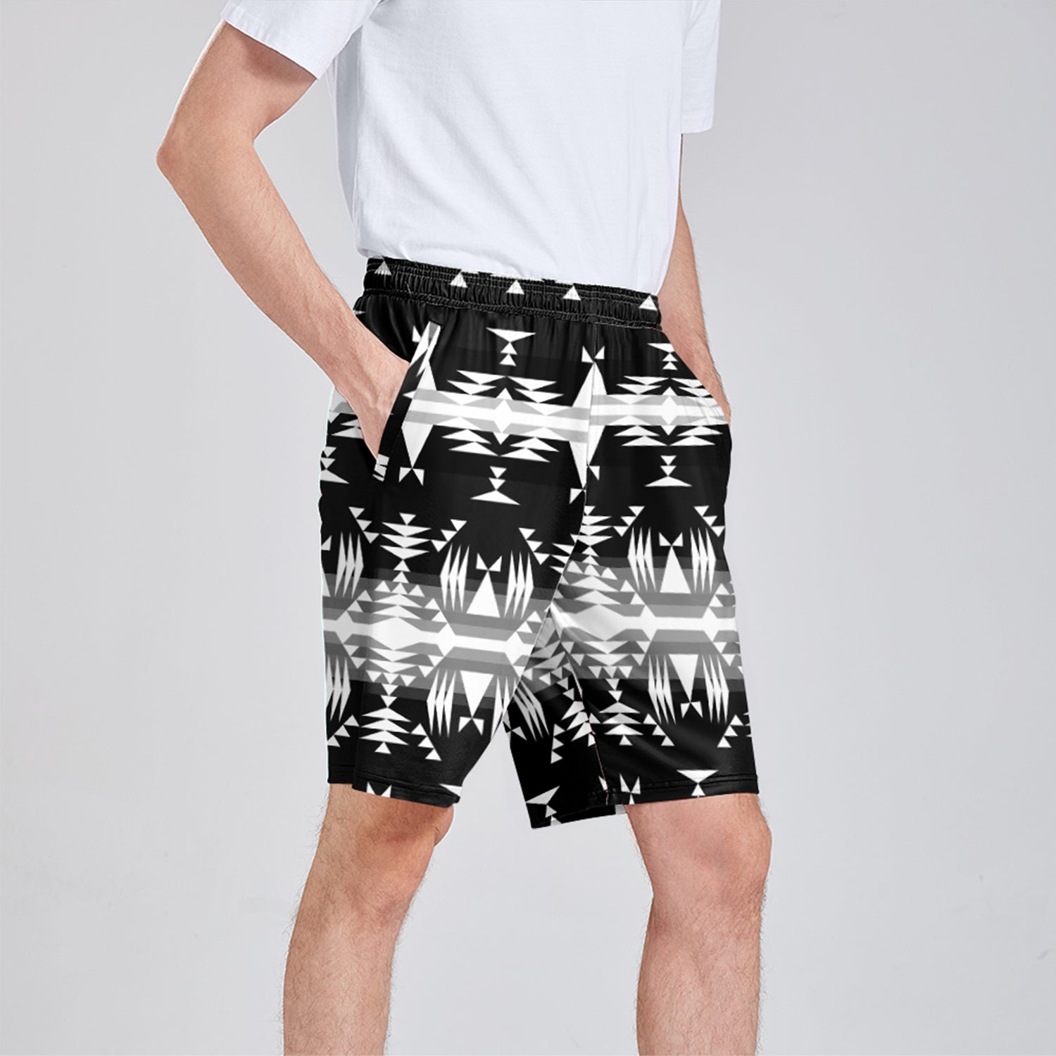 Between the Mountains Black and White Athletic Shorts with Pockets