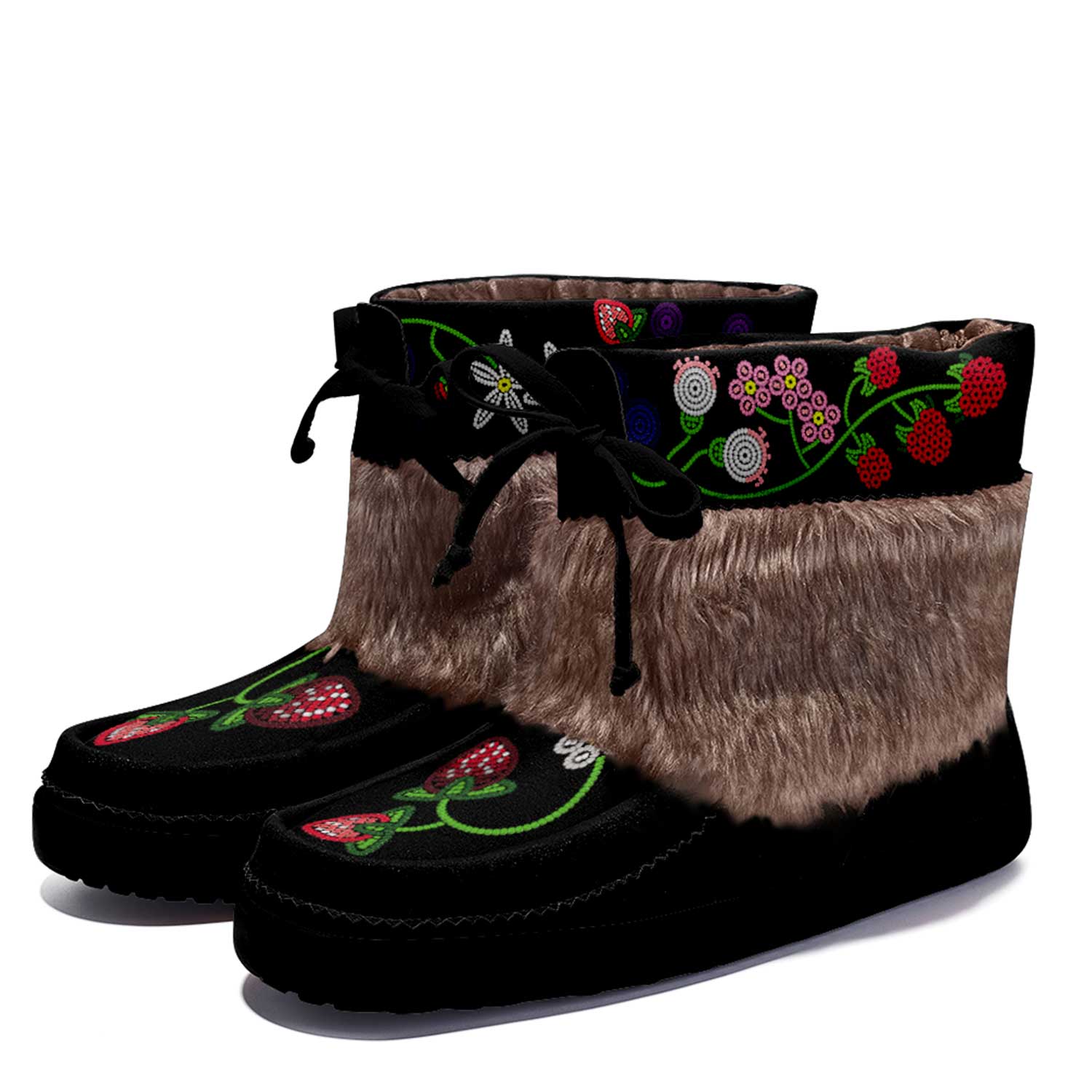 Birch Berries Black Leather MocLux Short Style with Fur