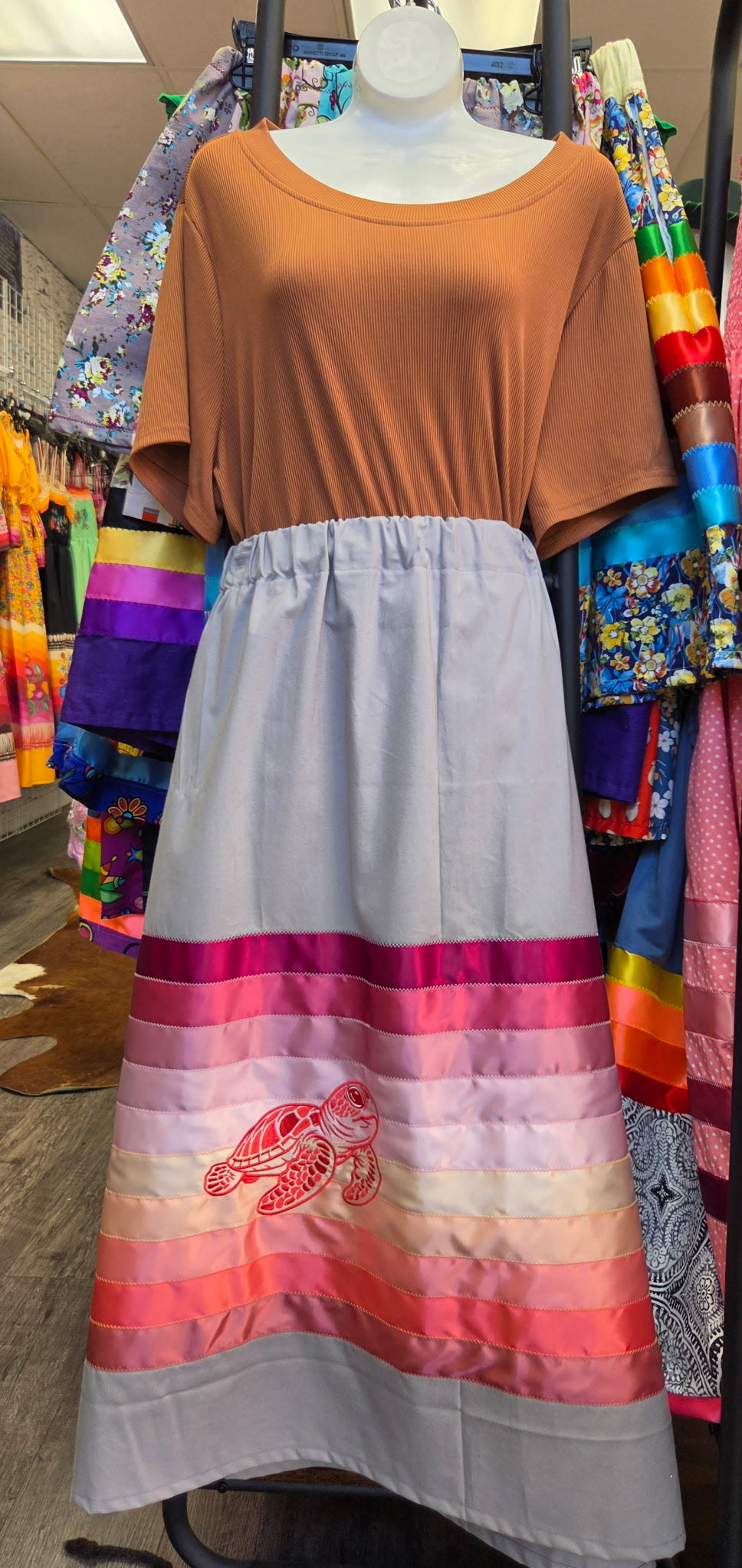 Handmade Ribbon Skirt By Lori Phelps Turtle on Grey