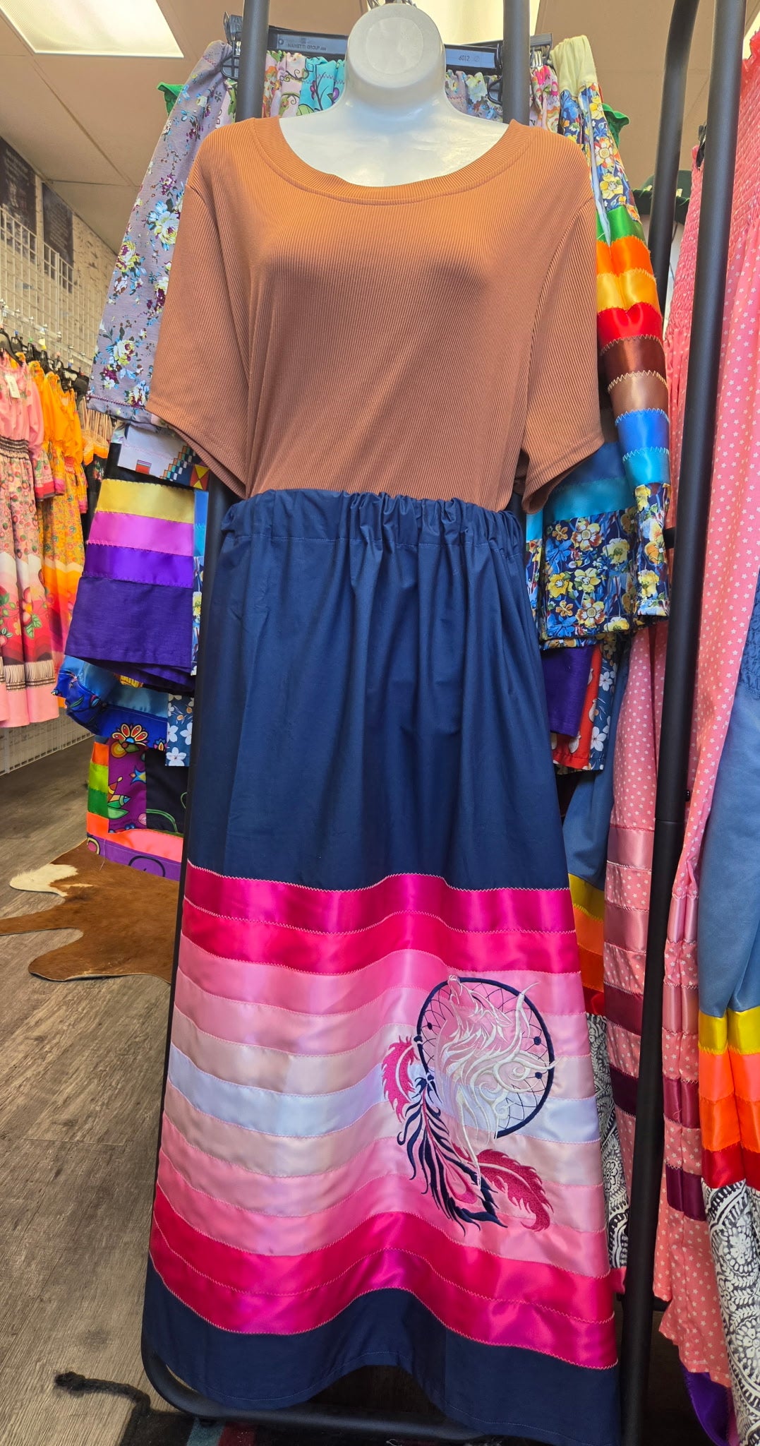 Handmade Ribbon Skirt By Lori Phelps Moon Feathers on Dark Blue