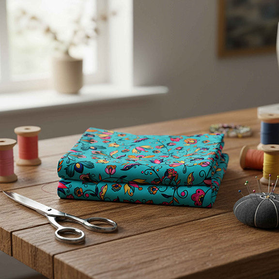 Copper Prairie Petals Turquoise Satin Fabric