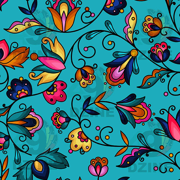 Copper Prairie Petals Turquoise Satin Fabric