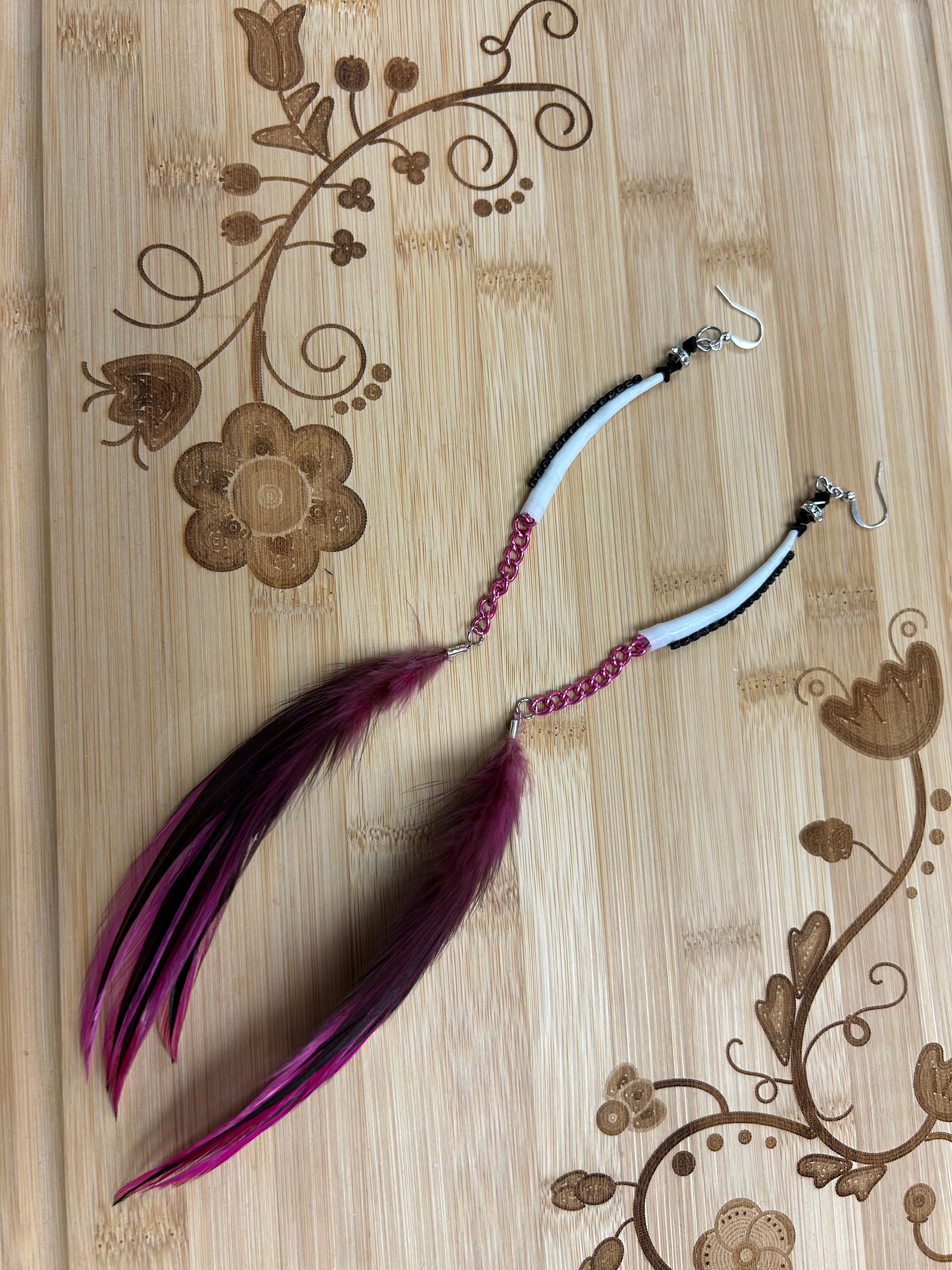 Mikey Runningbird Pink and Black Feathered Dentalium