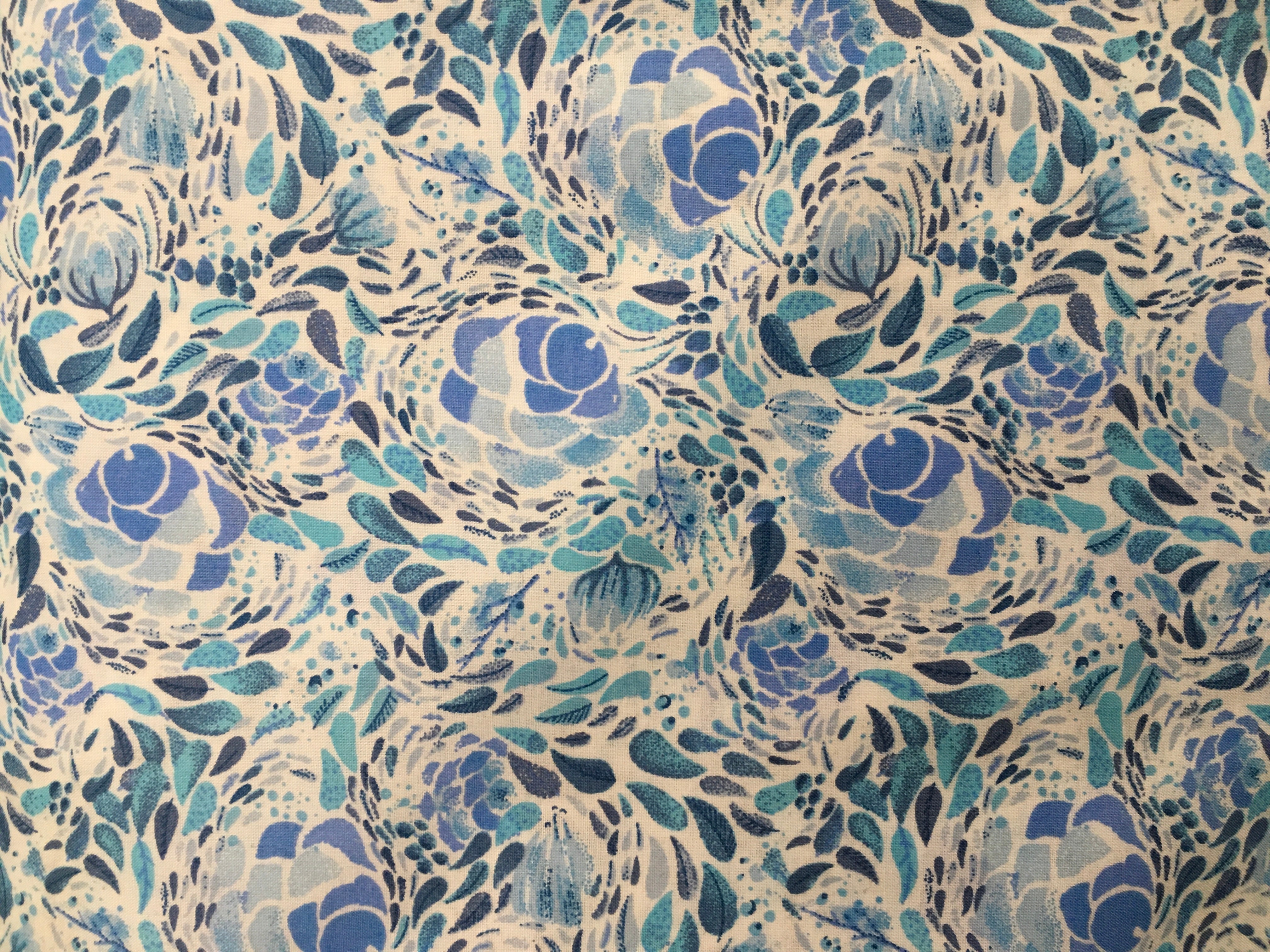 Multi-Blue Flowers and Leaves White Background 56 inch Cotton Fabric