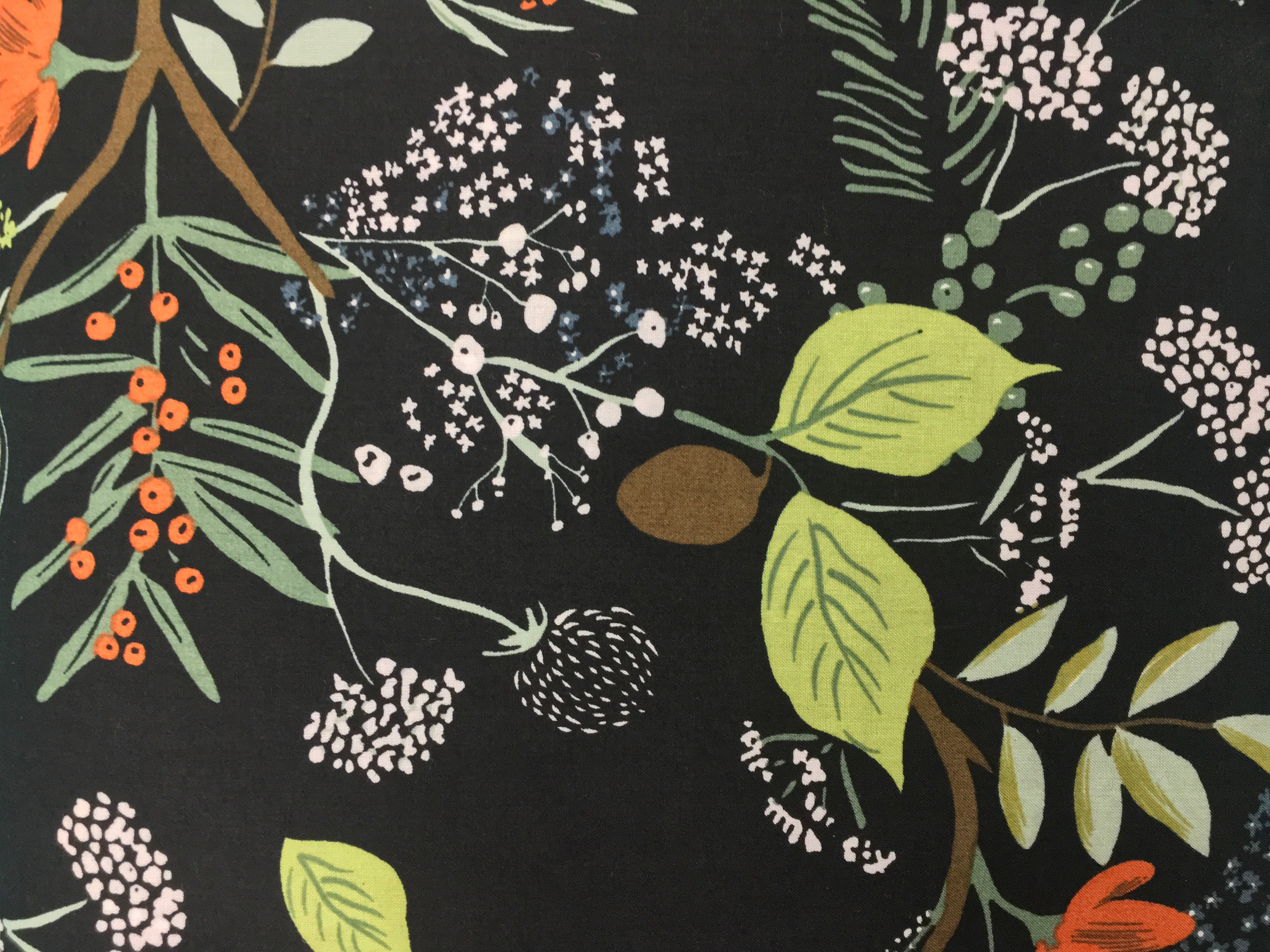 Painted Forest Floral and Berries Black Background 56 inch Cotton Fabric