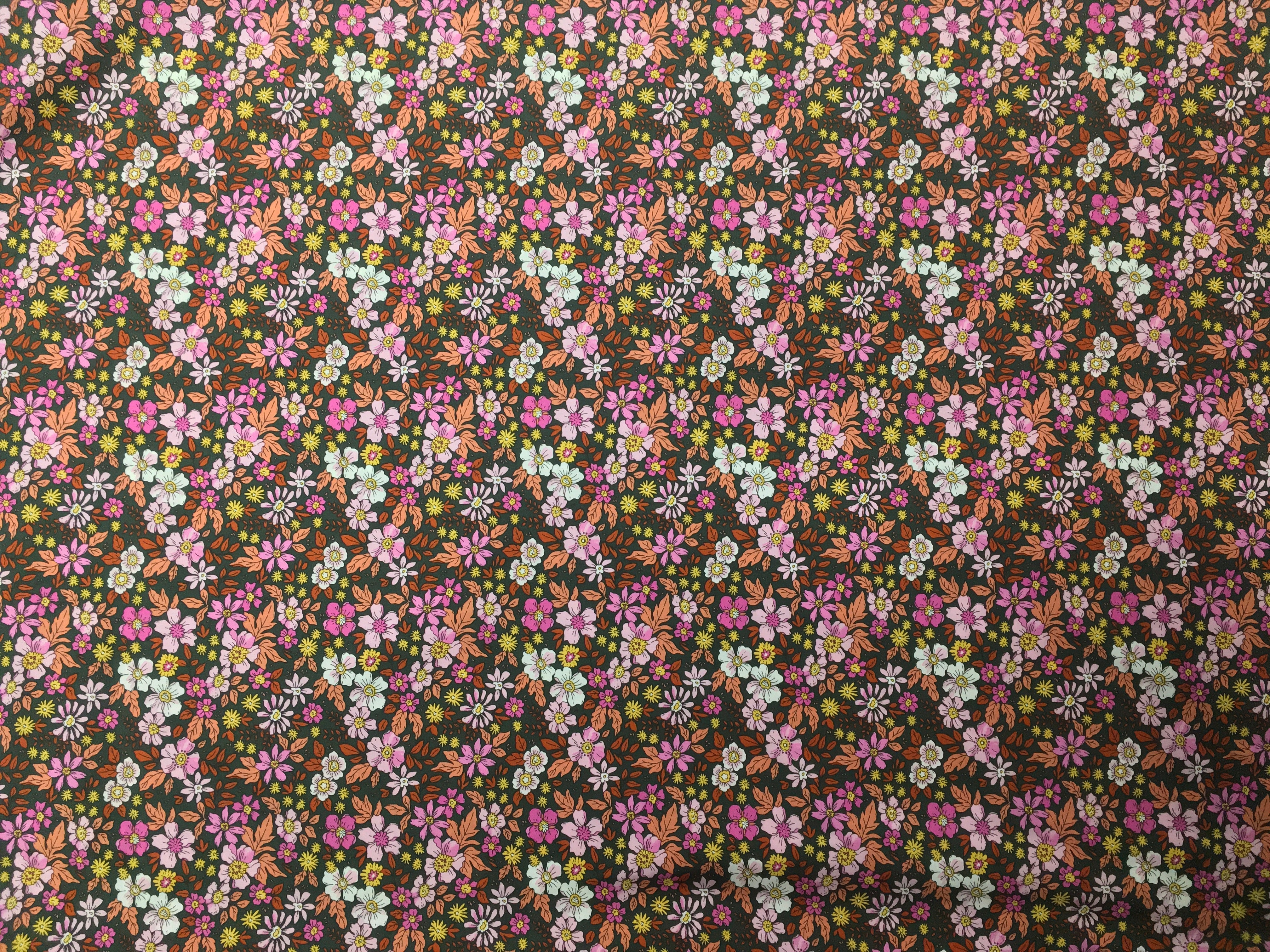 Pink Flowers and Autumn Leaves Dark Gray Background 56 inch Cotton Fabric