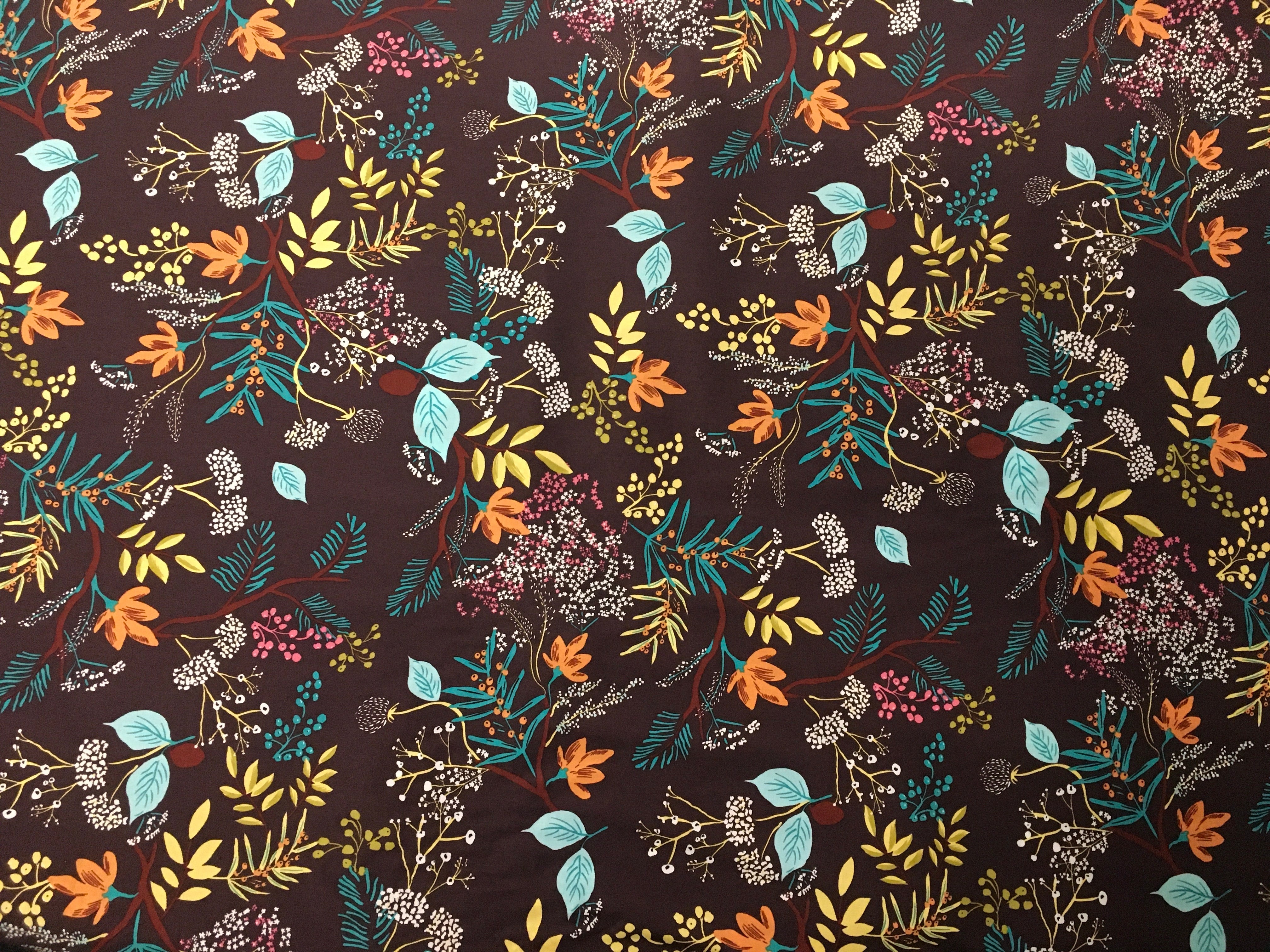 Painted Floral Flowers Dark Brown Background 56 inch Cotton Fabric