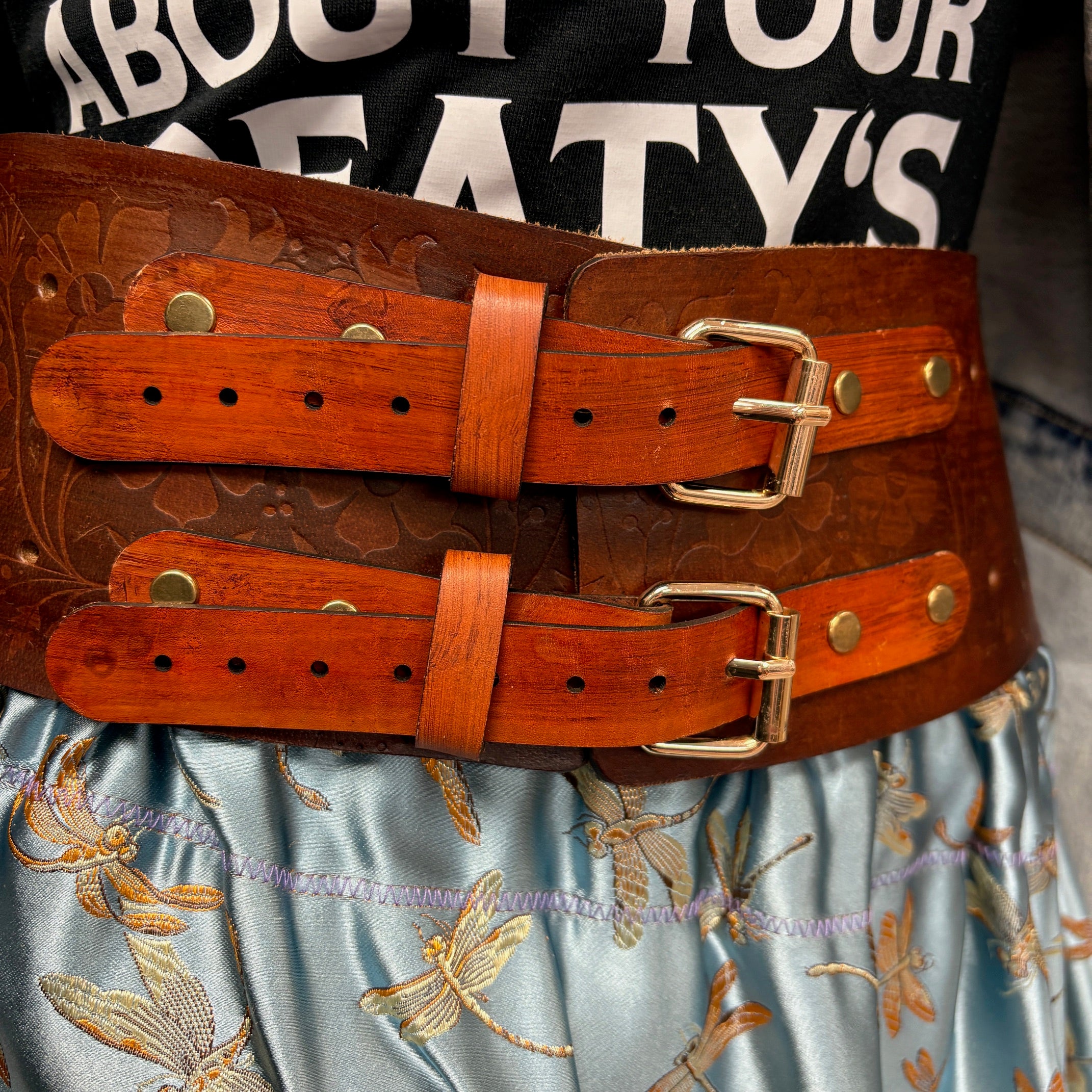 Handmade 39 in Wood Forest Floral Buffalo Belt