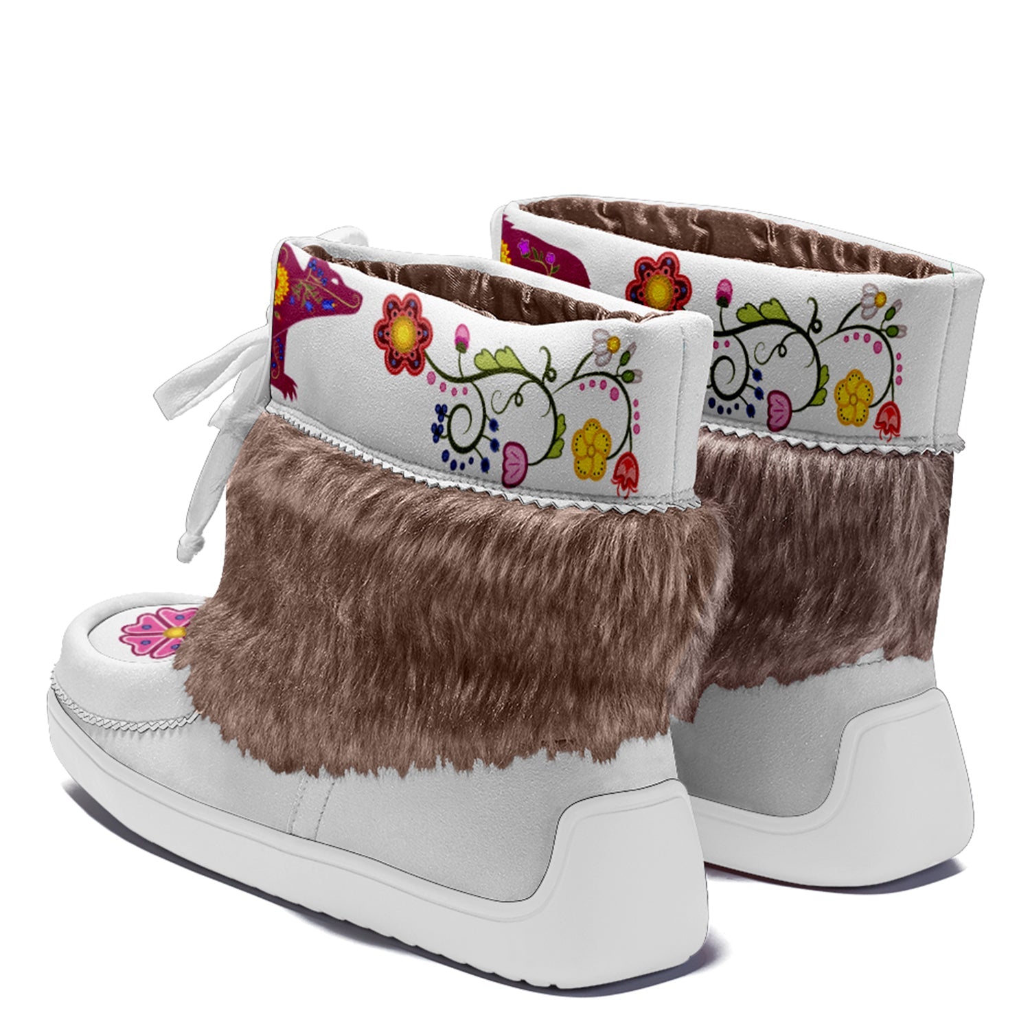 Floral Maskwa White Leather MocLux Short Style with Fur